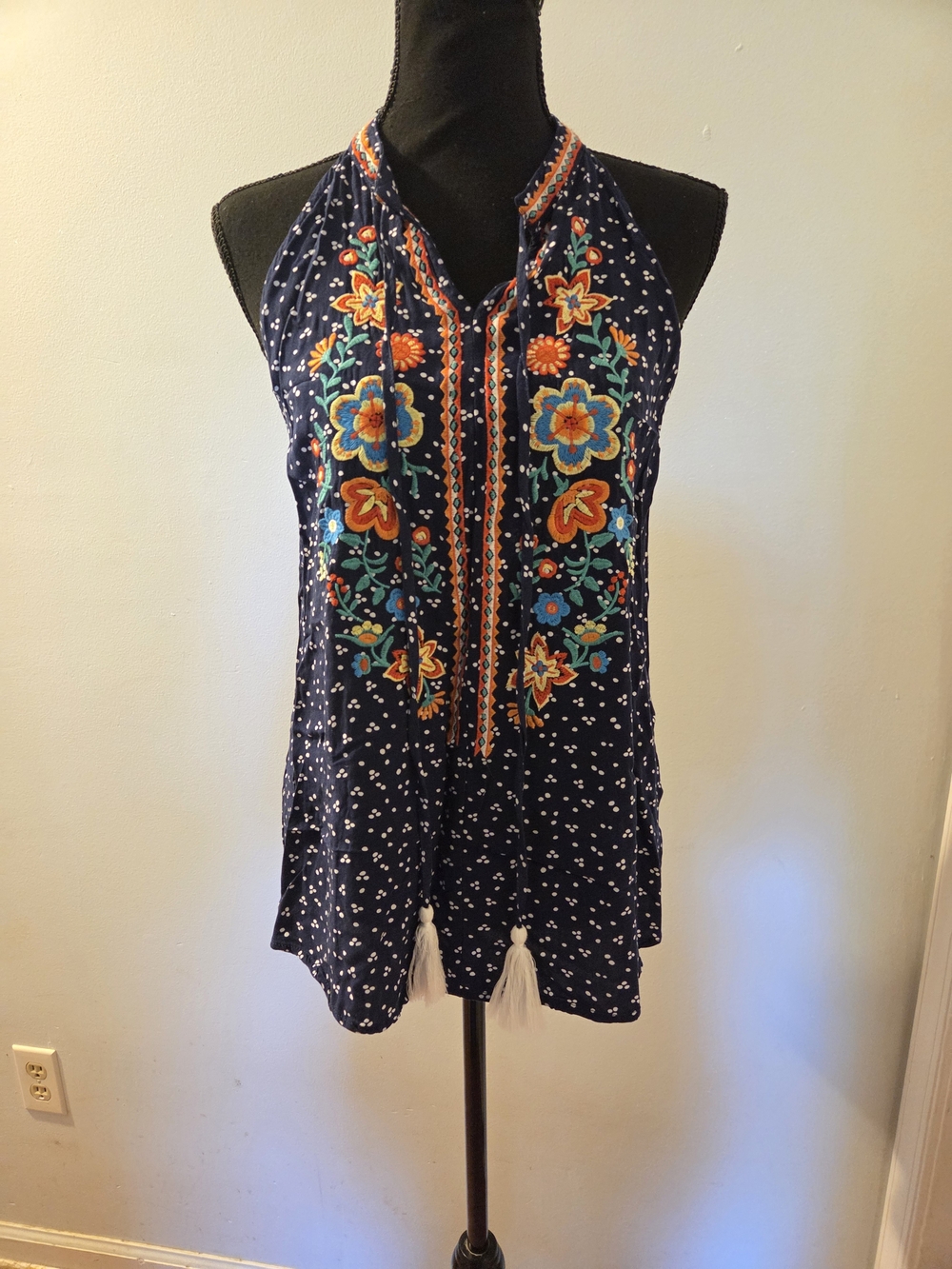 Hailey & Co Embroidered Navy Halter Blouse with Tassel Detail